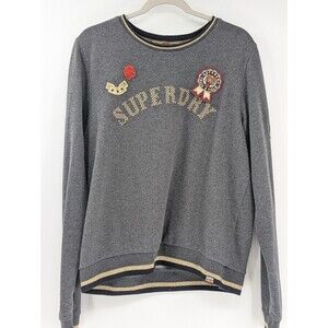 Superdry Track And Field Gray Sweatshirt Tiger Rose Patches 1993 Gold Trim SZ L